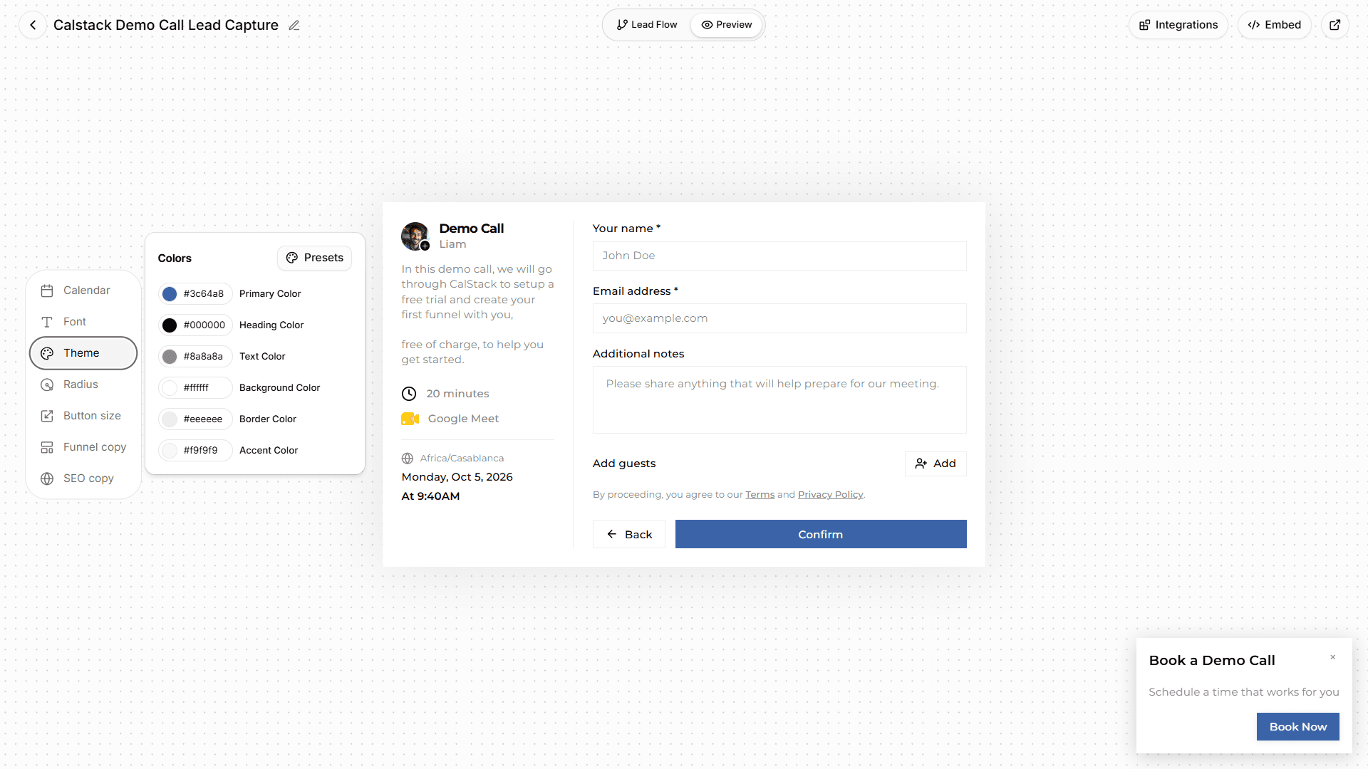 The CalStack booking page editor, with the floating booking widget in the corner of the preview